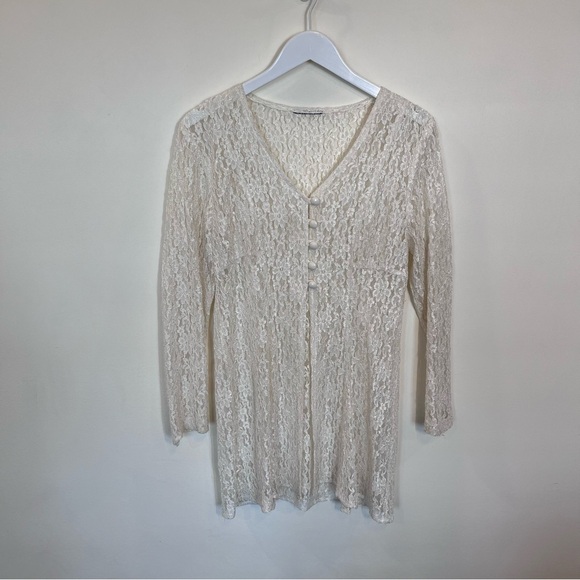 Vintage Tops - Sheer Floral Lace Garment Vintage 90s 3/4 Sleeve Ivory Romantic Stretch Babydoll